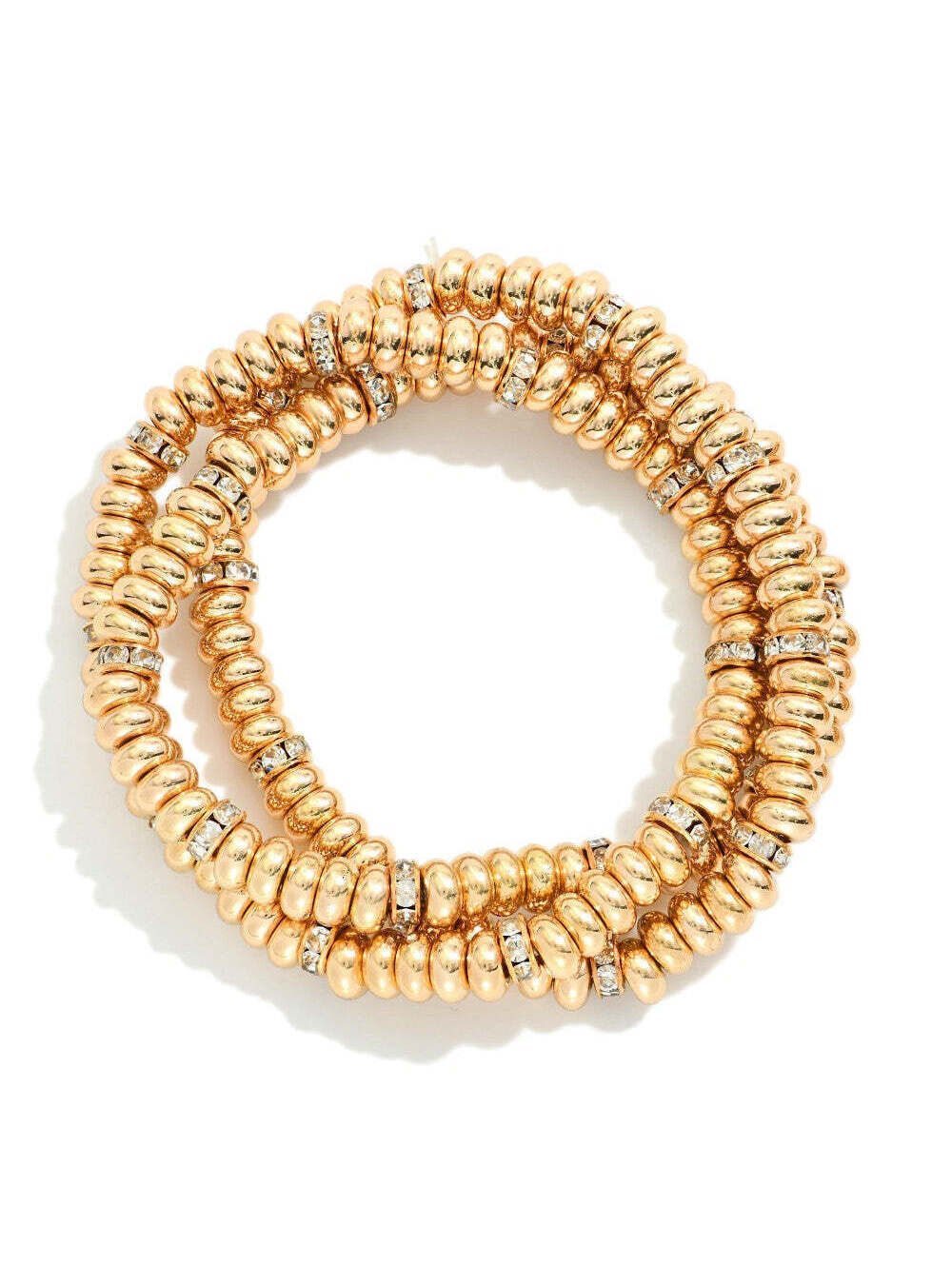 Set of Three Gold Tone Disk Bead Stretch Stack Bracelets with Rhinestone Accents